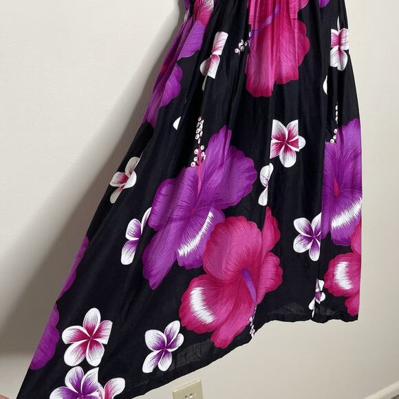Vtg Black Pink Hibiscus Flower Halter Dress Hawaiian Y2K Babydoll Fairy Sz M - Picture 4 of 10